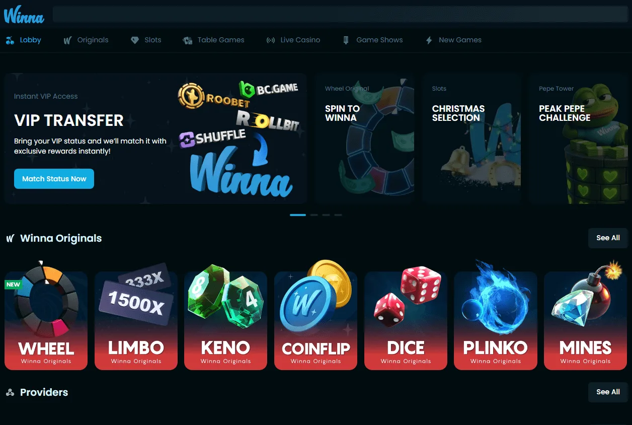 Winna Casino desktop games screen