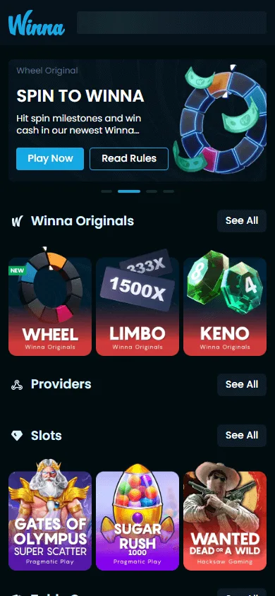 Winna Casino mobile browser home screen