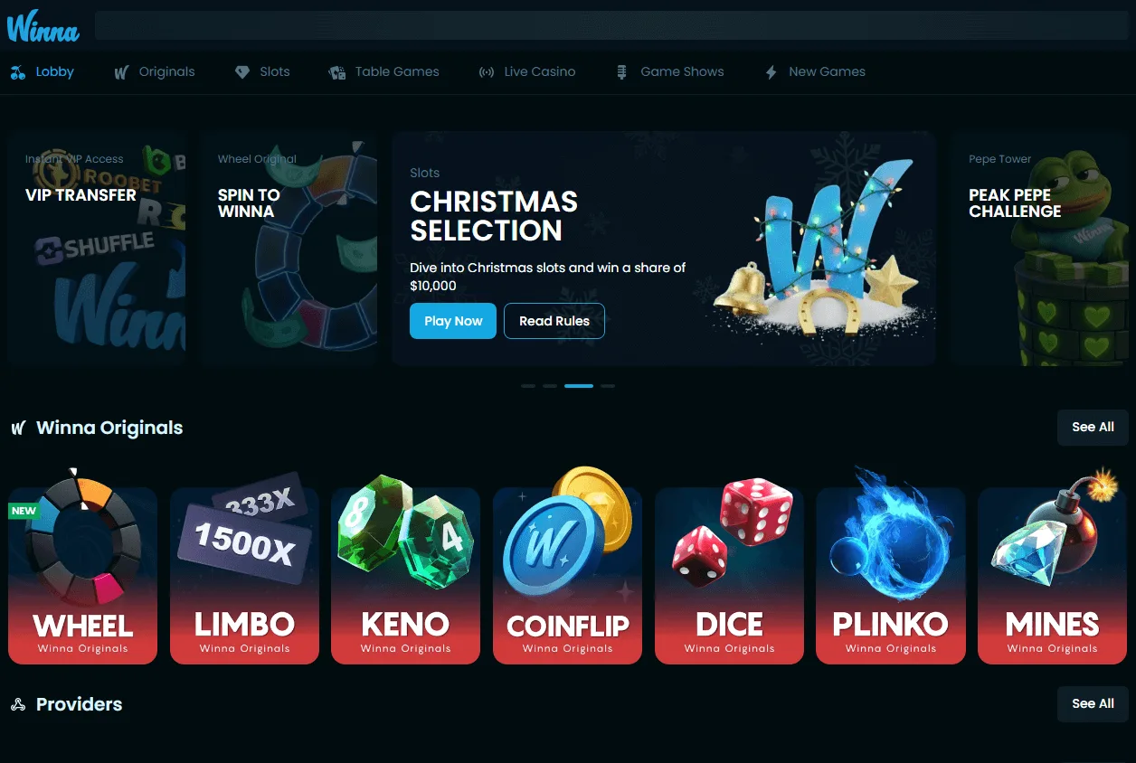 Winna Casino desktop home screen